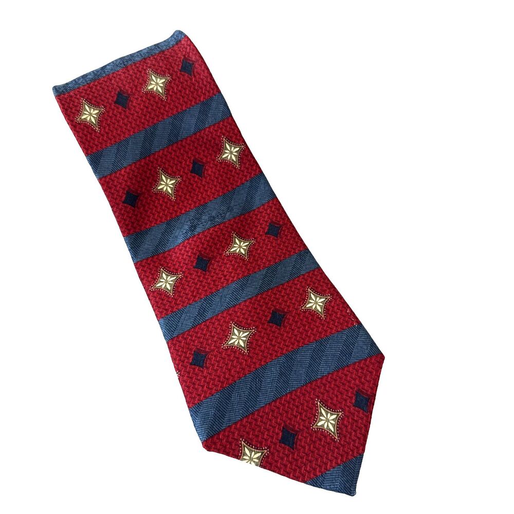 Vtg 100% Silk Tie Necktie Red Blue Stripe Y2K Geometric 4” Wide Preppy Nautica